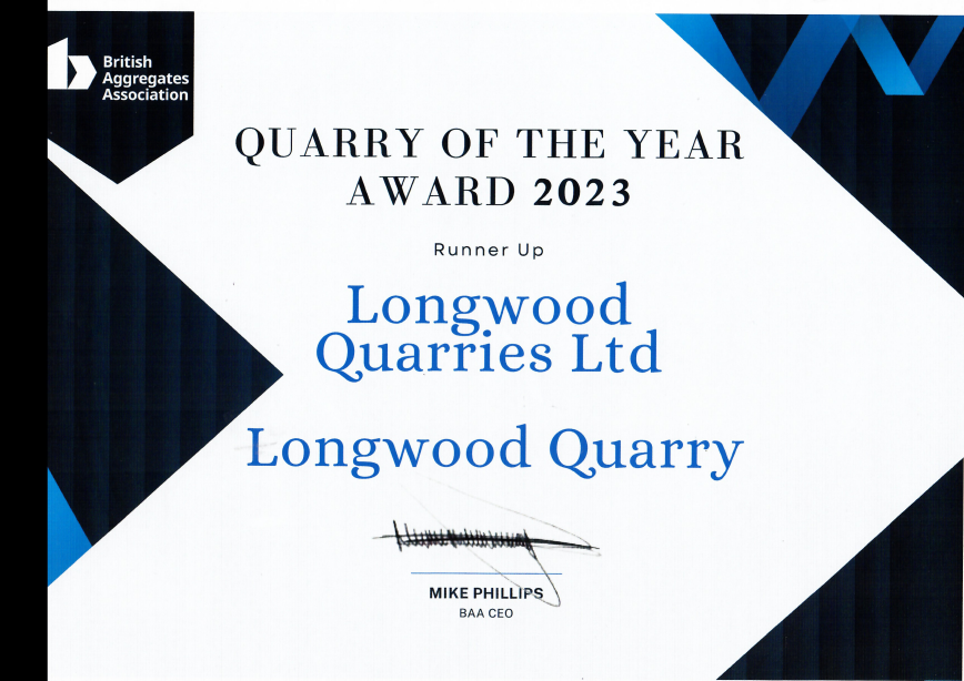 Longwood Quarries Ltd wins runner up Quarry of the Year Award 2023